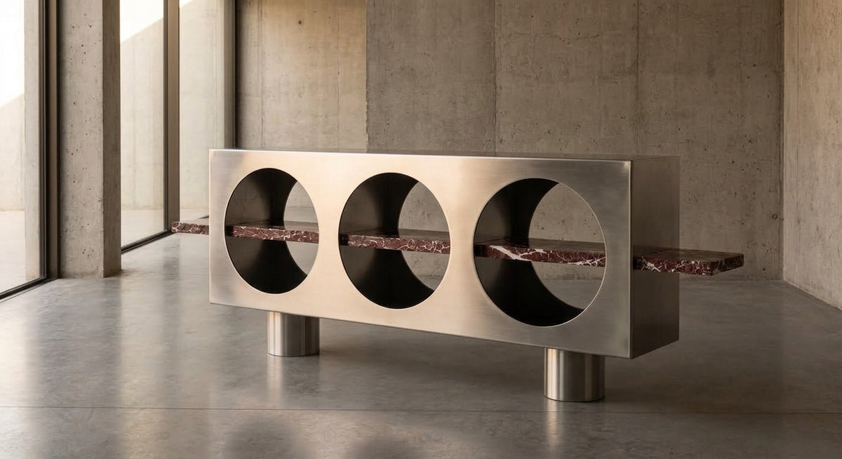 Crimson Arc — Brushed 316L Stainless Steel & Rosso Levanto Marble