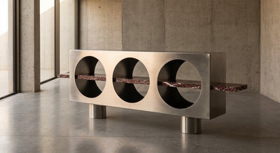 Crimson Arc — Brushed 316L Stainless Steel & Rosso Levanto Marble