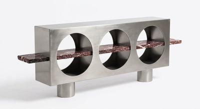 Crimson Arc — Brushed 316L Stainless Steel & Rosso Levanto Marble