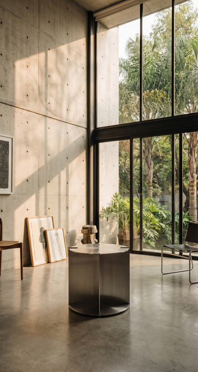 Core Divide Side Table — Brushed Stainless Steel + Polished Stainless Steel