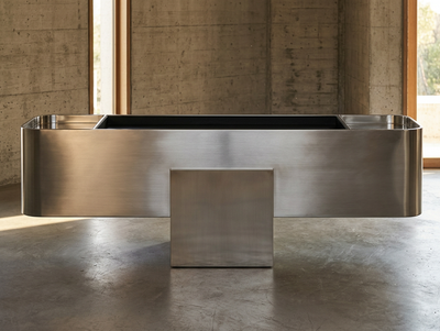 Axial Slab — Stainless Steel + Volcanic Stone