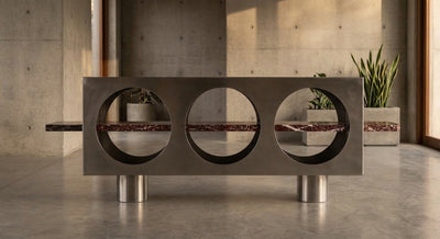 Crimson Arc — Brushed 316L Stainless Steel & Rosso Levanto Marble