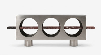 Crimson Arc — Brushed 316L Stainless Steel & Rosso Levanto Marble