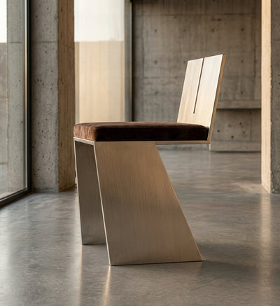 Slab Side Chair — Brushed 316L Marine-Grade Stainless Steel + Premium Dark Brown Short-Pile Velvet