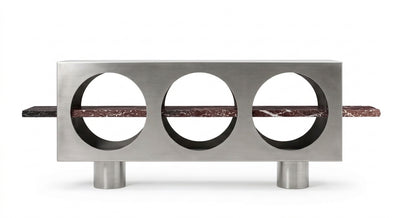 Crimson Arc — Brushed 316L Stainless Steel & Rosso Levanto Marble